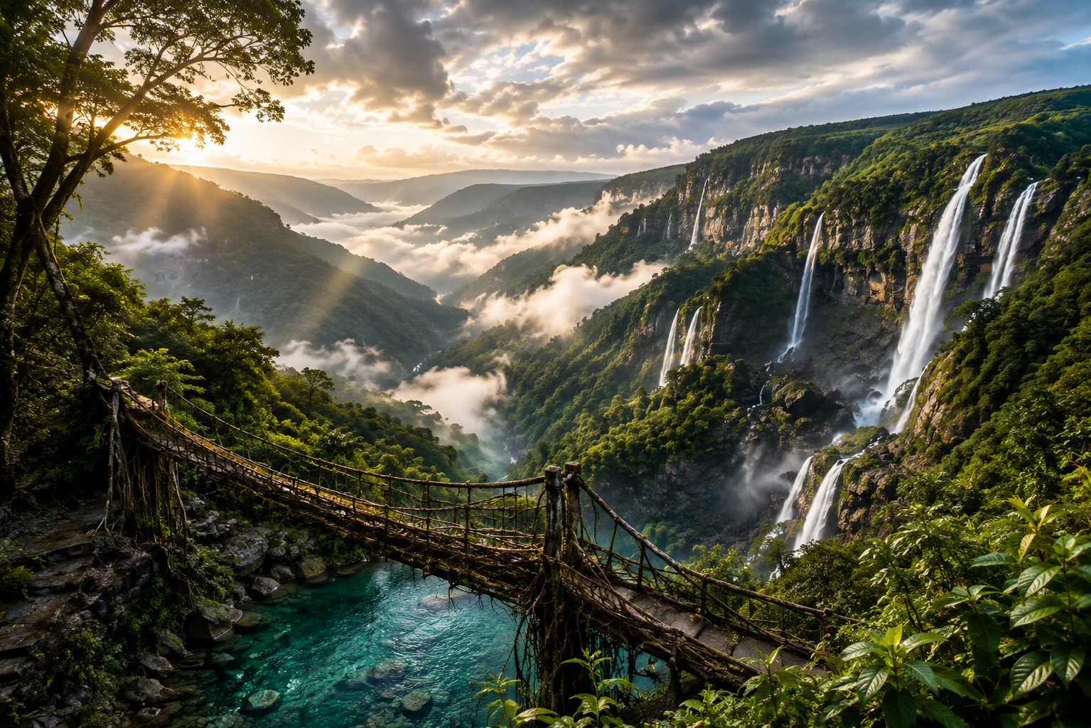 Meghalaya waterfalls and green hills
